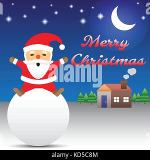 Merry Christmas, Happy Chubby Santa Claus Is Sitting On A Big White Snow Ball In Front Of A Cozy Home And Christmas Trees At Night With Moon And Stars Stock Vector
