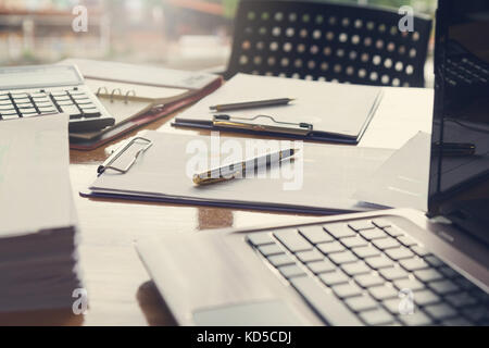 Business and finance concept of office working, Closeup office desk with analysis chart. Stock Photo