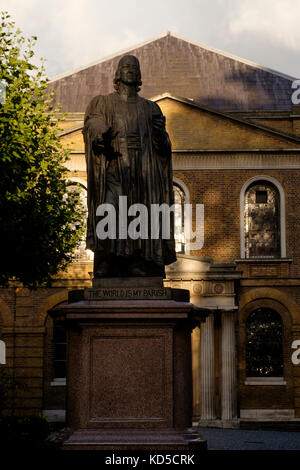 Statue of John Wesley outside Wesley's Chapel and Museum of Methodism on City Road, London Stock Photo