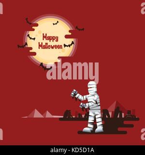Happy Halloween, mummy walking at night in a desert with coffins, wreckage and pyramids under glowing full moon and flying bats with dark shadow on re Stock Vector