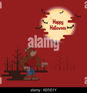 Happy Halloween, werewolf howling at night in a forest under glowing full moon and flying bats with dark shadow on red background in cartoon style Stock Vector