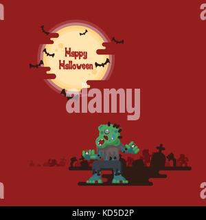 Happy Halloween, zombies walking and rising out from the ground at night in a graveyard under glowing full moon and flying bats with dark shadow on re Stock Vector