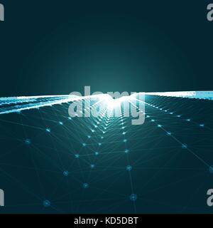 3D Abstract Polygonal Space Blue Vector Background with Low Poly Connecting Dots and Lines. Endless Mesh Representing Internet Connections in Cloud Co Stock Vector