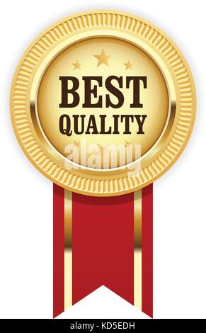Golden medal Best Quality with red ribbon Stock Vector