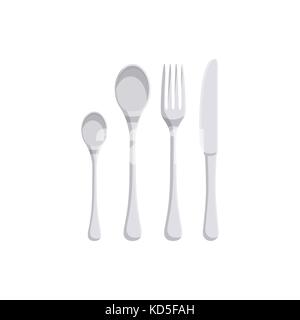 Vector illustration of such kitchenware and utensil as a fork, knives and spoons on white background. Kitchen and food preparing topic. Stock Vector