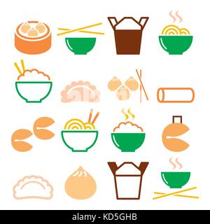 Chinese take away food - pasta, rice, spring rolls, fortune cookies, dumplings Stock Vector