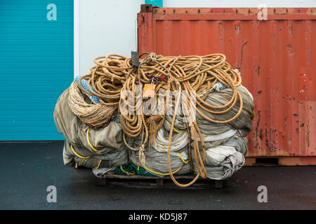 Ropes and fishing nets on quayside in Reykjavik Stock Photo