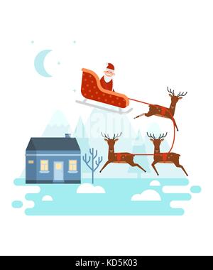 Santa Claus is sitting in his sledge and is going to deliver gifts and presents to good children's house vector illustration. Stock Vector