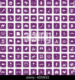100 geography icons set grunge purple Stock Vector