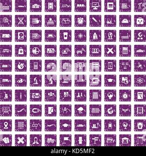 100 globe icons set grunge purple Stock Vector