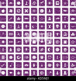 100 astronomy icons set grunge purple Stock Vector