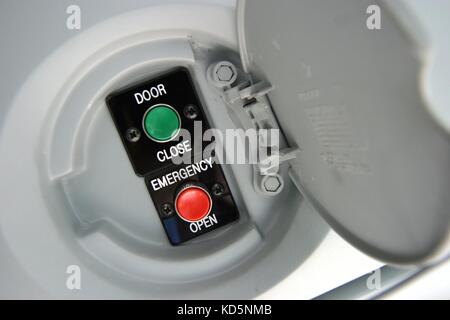 Button on bus. Door opening button. Details in public transport. Door ...