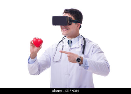Doctor wearing a vr virtual reality headset isolated on white background Stock Photo