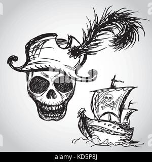 pirate skull with hat and pirate ship, vector Stock Vector