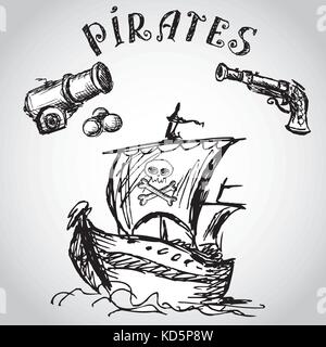 Collection of hand-drawn pirates design elements, vector Stock Vector