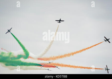 Display of the Italian Aerobatic Team (Frecce Tricolore) at the military airbase in Leeuwarden. Stock Photo