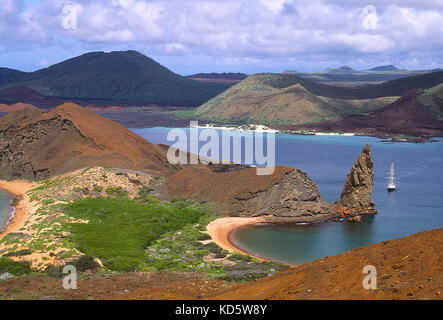 Galapagos Islands.Bartolomé Island, High viewpoint of coastal bays and Pinnacle Rock. Stock Photo