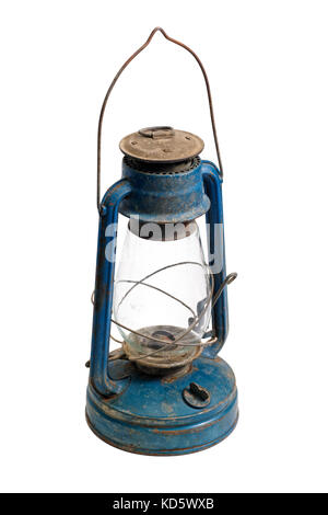 Isolated objects: very old shabby and rusty blue kerosene lamp, on white background Stock Photo