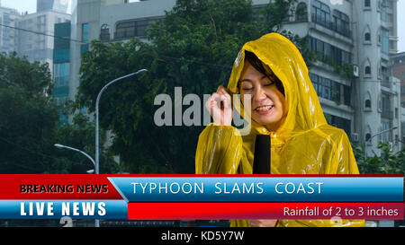 Asian American weather reporter live report in storm Stock Photo