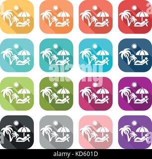 Colorful icon of a man lying on a long chair under a parasol and a palm tree Stock Vector
