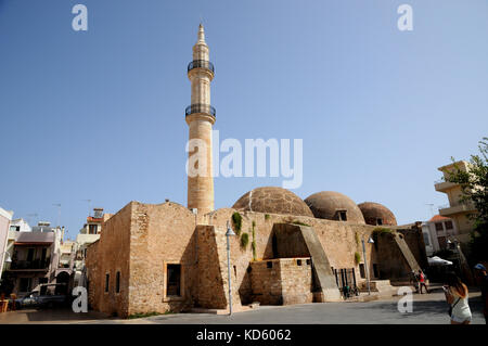 The Neratze mosque and minaret at Rethymnon (Rethymno) Crete. It no longer serves a religious function and is today used a Music and arts centre. Stock Photo