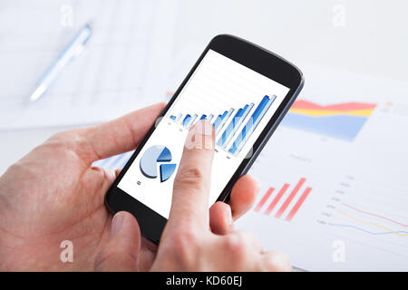 Businessman Analyzing Graph On Cell Phone In Office Stock Photo