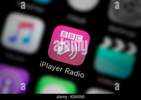 A close-up shot of the company logo representing the BBC IPlayer Radio app icon, as seen on the screen of a smart phone (Editorial use only) Stock Photo