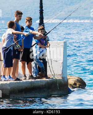 Boy fishing with a fishing rod on the end of dock on a lake in summer Stock  Photo - Alamy