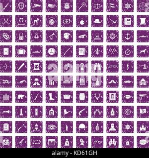 100 guns icons set grunge purple Stock Vector