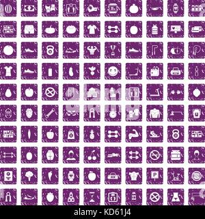 100 gym icons set grunge purple Stock Vector