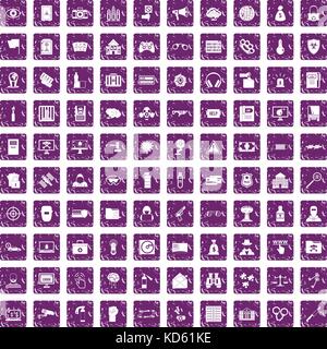 100 hacking icons set grunge purple Stock Vector