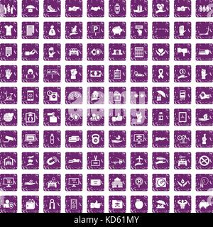 100 hand icons set grunge purple Stock Vector