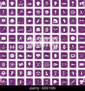 100 athlete icons set grunge purple Stock Vector