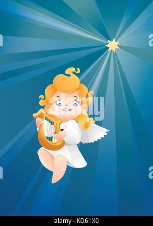 Kid angel musician harpist flying on a night sky making music on harp to a Christmas star Stock Vector
