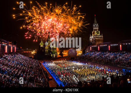 Firework pyrotechnic show on International Military Tattoo Music Festival “Spasskaya Tower” in Moscow, Russia Stock Photo