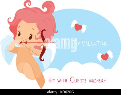 Cupid hunting with archer bow flying hearts. Handwritten fun quotation Valentines Day message Stock Vector