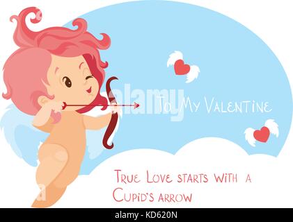 Cupid hunting with archer bow flying hearts. Handwritten fun quotation Valentines Day message Stock Vector