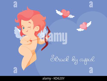 Cupid hunting with archery bow flying hearts. Stock Vector