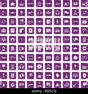 100 headphones icons set grunge purple Stock Vector