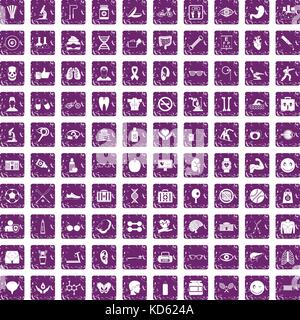 100 health icons set grunge purple Stock Vector