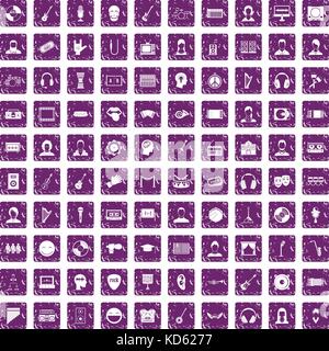 100 audience icons set grunge purple Stock Vector