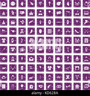 100 heart icons set grunge purple Stock Vector