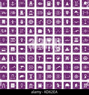 100 history icons set grunge purple Stock Vector