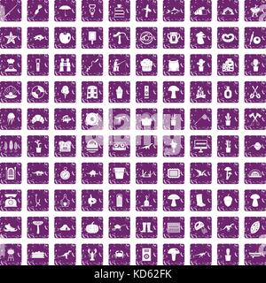 100 hobby icons set grunge purple Stock Vector