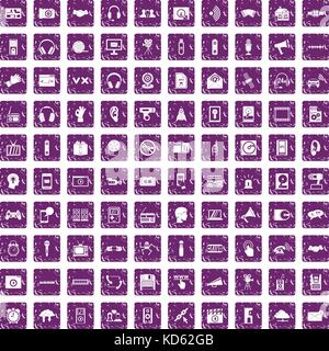 100 audio icons set grunge purple Stock Vector