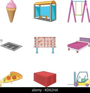 Dormitory area icons set, cartoon style Stock Vector