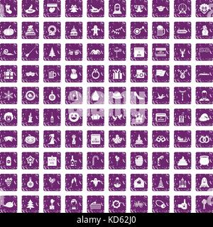100 holidays icons set grunge purple Stock Vector