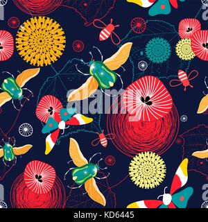 Seamless bright pattern of flying green beetles and butterflies on a dark background Stock Vector