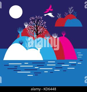 Graphics miracle landscape with mountains and hills and trees in the lake Stock Vector