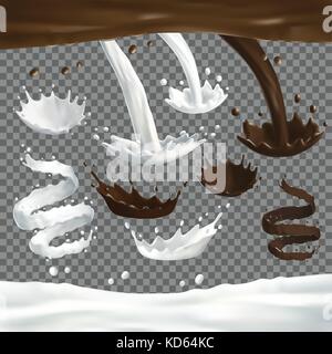 Milk and chocolate jets splashes, drops and blots Stock Vector